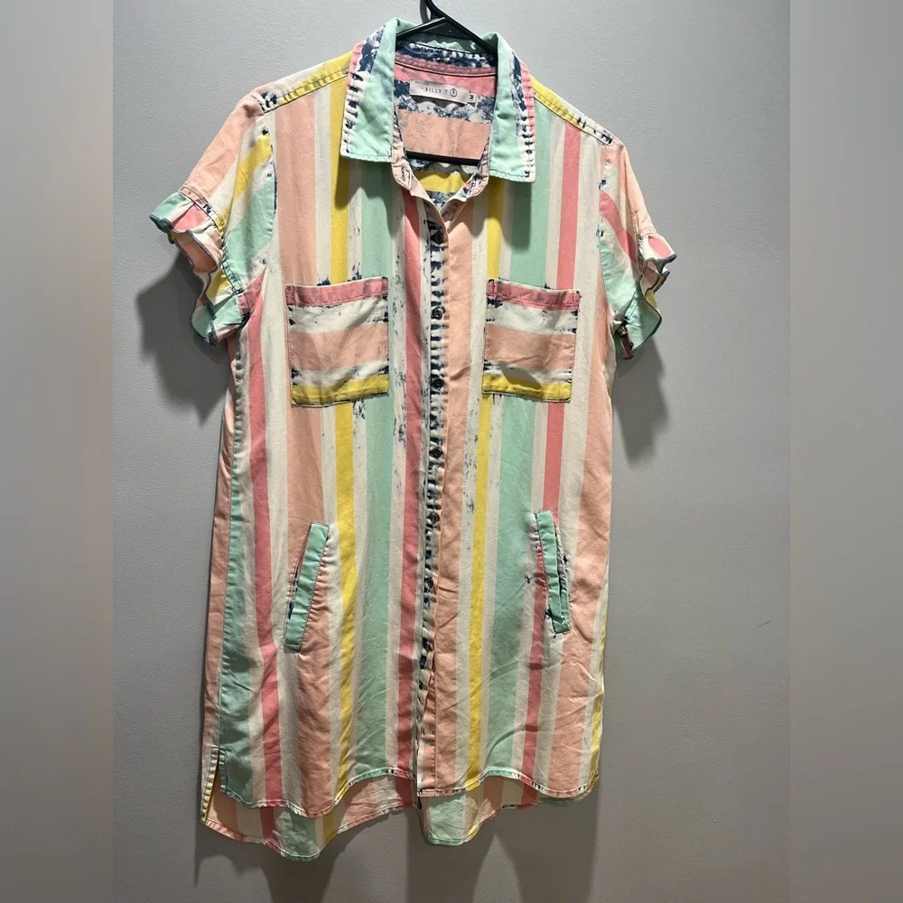 Women's Medium Billy T Boho Pastel Striped‎ High-Low Tunic Dress Ruffle Slevees - Picture 2 of 10